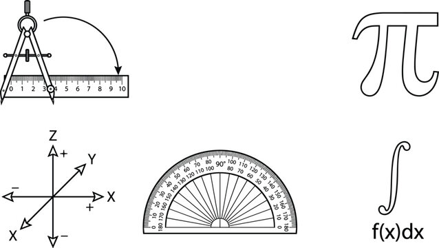 Mathematics and Geometry Icon Set with Calculus Symbols and Drafting Tools for Academic Education Designs