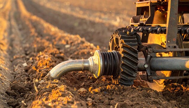 Close-up of seed drill pipe distributing seeds in soil at sunrise