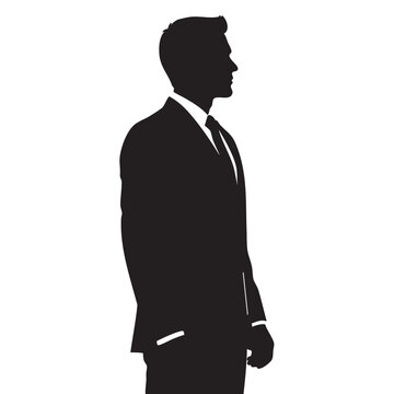Silhouette of a businessman in a suit profile view representing corporate success and professional identity isolated on white background