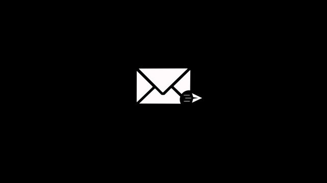 Email send icon with flying paper plane loop animation concept on a black background. Email send message notification icon for online contact and marketing communication with alpha channel