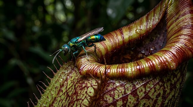 Metallic Green Insect Wasp Perched on Exotic Carnivorous Pitcher Plant in Tropical Jungle Wild