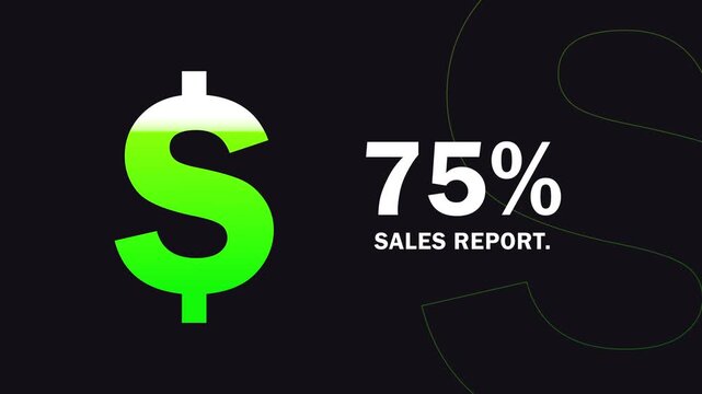 Animated dollar sign with 75 percent indicator and abstract green lines on dark background for financial concepts and data visualization