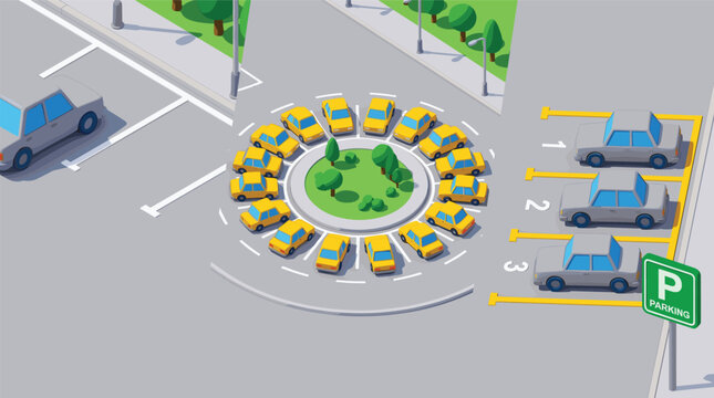 Isometric roundabout with cars driving around central island and parking area showing urban traffic layout and organization