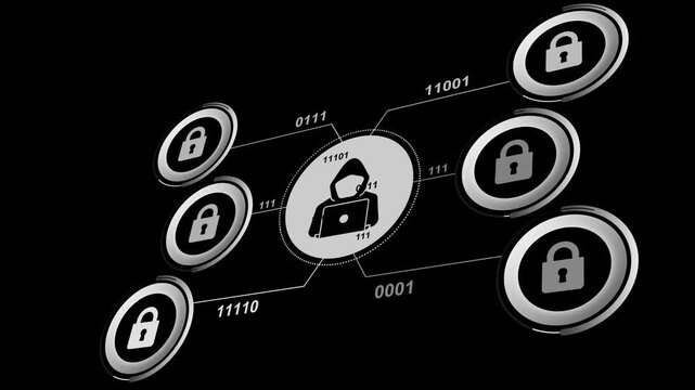 Digital security concept hacker at laptop surrounded by digital locks and binary code data flow cybercrime protection network security abstract technology background