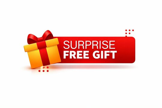 Surprise free gift banner with wrapped present and red ribbon
