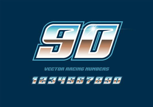Bold Crome racing numbers set in sports style dynamic typography in shiny metallic texture for racing sport signs and Sportswear apparel print design - editable vector template