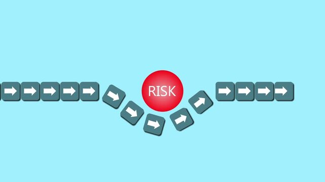 Risk management concept with arrows avoiding danger, symbolizing strategy, decision making, problem solving, and business risk control animation on a light blue background