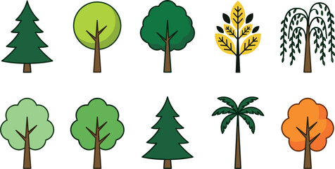 Green and orange tree vector set with cartoon pine palm willow and deciduous forest plants isolated on white background flat graphic design elements © MdArif