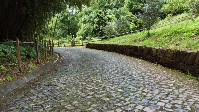 Low angle view of a winding cobblestone path with wooden fence railings through a lush green hillside park with stone retaining wall in a Portuguese garden