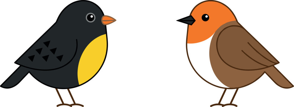 Cute cartoon bird vector set featuring bullfinch and robin characters isolated on white background flat graphic design elements for nature concepts