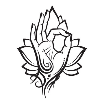 Buddha hand mudra gesture with lotus flower vector for yoga, meditation, and spiritual design