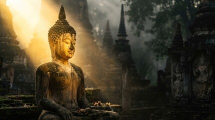 Fototapeta premium Buddha statue sits serenely in ancient temple ruins at sunrise with morning sunbeam.