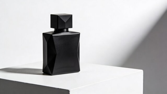 Luxury perfume bottle mockup minimalist cosmetic packaging geometric glass container premium fragrance branding elegant black flacon isolated on white background modern product photography stylish par