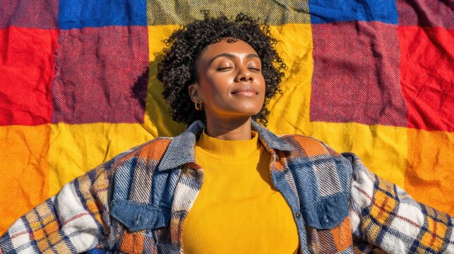 Serene Relaxation in Sun: A woman finds her peace, basking in the sun's warm glow, reclined on a vibrant textile, eyes closed in tranquil contentment. This captures a moment of pure bliss.