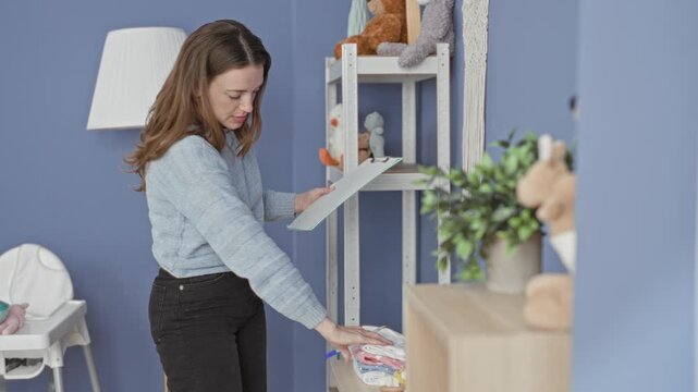 Woman writes on clipboard while reaching for folded baby clothes on a nursery shelf in a building; focused preparation planning.
