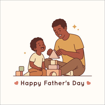Happy Father's Day greeting card with father and son playing with toy blocks, flat vector illustration