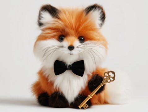 Cute fluffy fox toy wearing a black bow tie and holding a golden skeleton key accessory