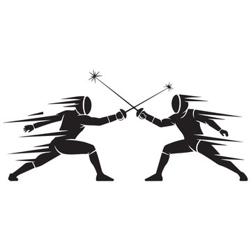 Black silhouette vector illustration of two fencers dueling with swords and dynamic motion lines