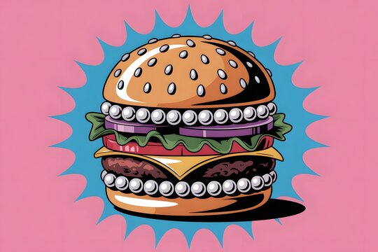 Pop art illustration of a hamburger with rhinestones
