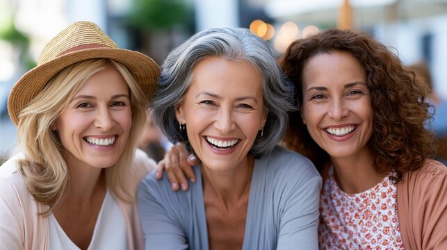 Lifestyle shot of three women aged 45 to 60 laughing together at an outdoor cafe, vibrant energy, genuine friendship, sunny afternoon light