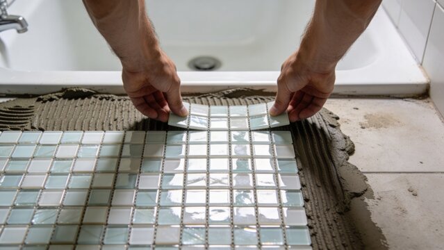 Professional tiler installing ceramic mosaic wall tiles inside modern bathroom renovation project skilled contractor aligning glossy square pieces over fresh adhesive mortar precision craftsmanship co