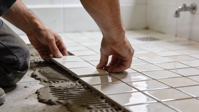 Professional tiler installing ceramic mosaic wall tiles inside modern bathroom renovation project skilled contractor aligning glossy square pieces over fresh adhesive mortar precision craftsmanship co