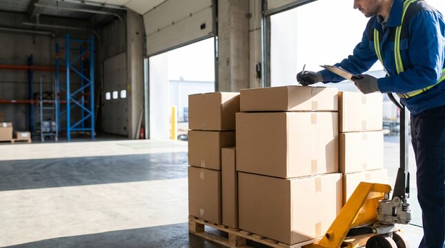 Man in warehouse loading boxes on pallet jack with forklift in background storage area