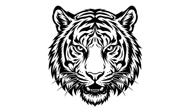 Powerful tiger head portrait with detailed fur texture in black and white style.