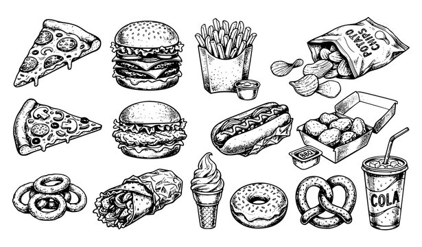 Detailed vintage engraving style illustration of fast food items like burgers and pizza.