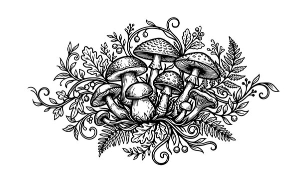 Detailed hand drawn forest floor composition with mushrooms and ferns.