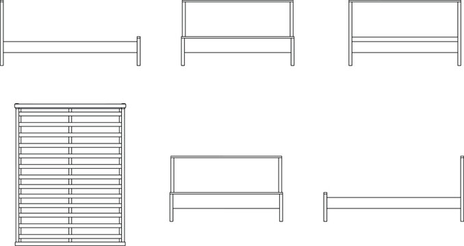 Minimalist Vector Bed Frame Icon Set Showing Side, Front, Top, and 3D Perspectives on White Background for Furniture, Interior Design, and Bedroom Illustration Projects