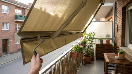 Fototapeta premium Extending a Retractable Awning on a Balcony for Outdoor Sun Protection