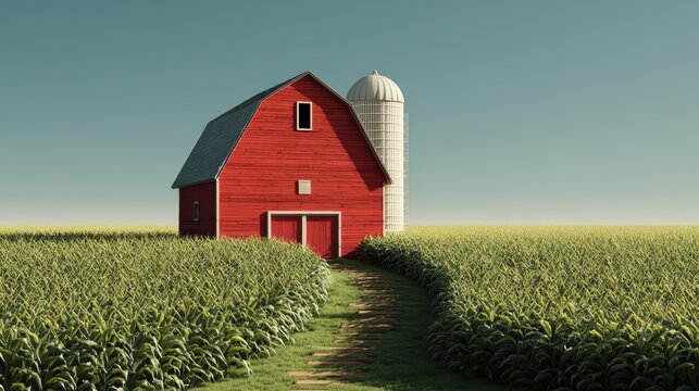 Red Barn in a Cornfield: A classic red barn with a matching silo stands proudly in a lush green cornfield, evoking a sense of rural tranquility and agricultural abundance under a clear sky.