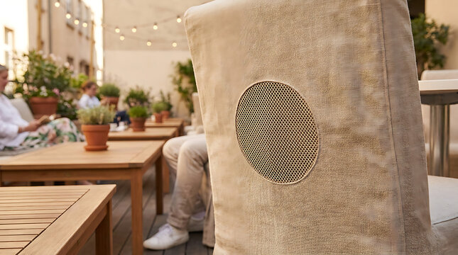 Integrated mesh speaker panel on outdoor furniture in a cafe setting with blurred background lighting