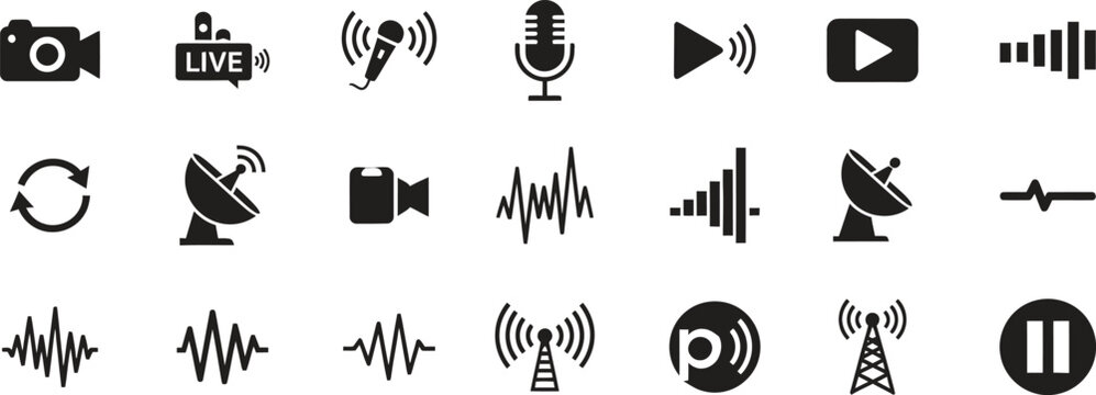 Silhouette icons for live streaming broadcasting and audio visual equipment