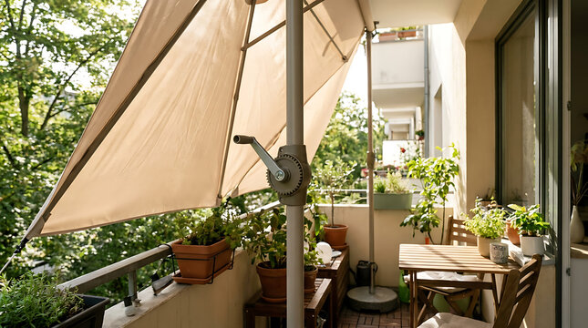 Outdoor patio umbrella with crank mechanism providing shade on a sunny balcony with potted plants and outdoor furniture