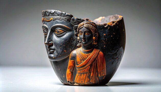 Ancient Greek pottery shard with painted figure detail on orange clay