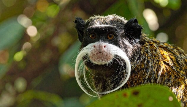 Close-up portrait of emperor tamarin monkey with white moustache in rainforest