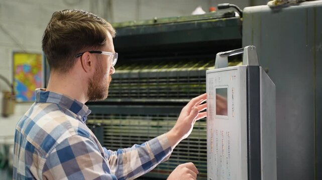 Factory worker operating industrial printing machine