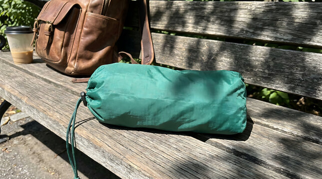 Rolled Compact Green Umbrella Cover with Leather Backpack on Wooden Bench
