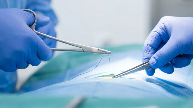 Close-up of surgeon's hands in blue gloves performing surgical suturing with medical instruments in an operating room