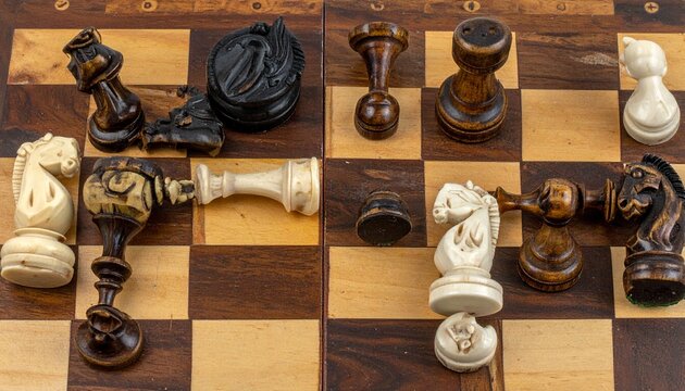 Overhead view of antique carved chess set with bone and ebony pieces on wooden board