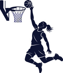 Silhouette of a Female Basketball Player Soaring for a Slam Dunk into a Hoop for Women in Sports Empowerment Branding and Athletic Competition Vector Designs © Emdadul