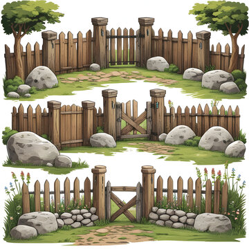 Old fences cartoon vector set medieval timber wood stones boulders palisades walls rock gates countryside decorative fortifications rural garden elements isolated illustrations on white