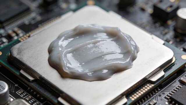 Macro closeup computer processor with thermal paste applied on central processing unit mounted on motherboard high performance hardware cooling maintenance technology repair electronics engineering se