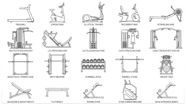 Detailed CAD Vector Line Art Collection of Gym Equipment for Fitness Facility Design and Architectural Planning Blueprint