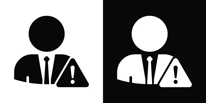 Professional male avatar icon with an exclamation mark warning triangle, ideal for corporate risk management, alert notifications, and business crisis concepts.