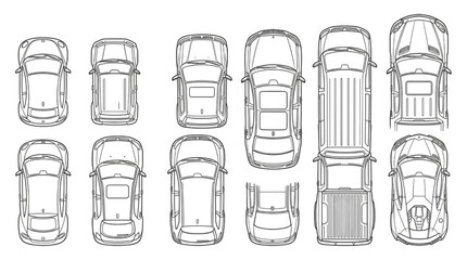 Extensive CAD blueprint set showcasing top-down line art illustrations of various vehicle types, essential for automotive design, urban planning, and technical schematics © akila