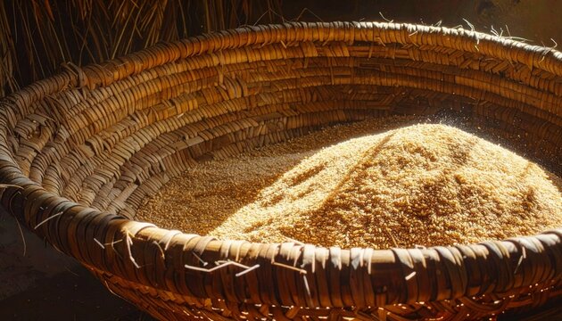 Close-up of shallow woven basket filled with golden grain and chaff
