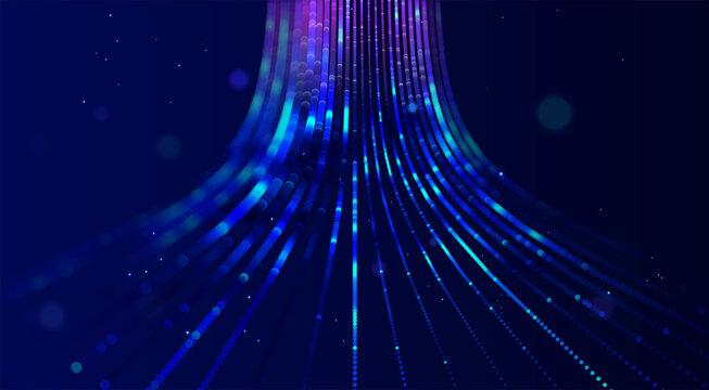 Abstract digital transformation background with glowing data streams and futuristic network connections. High tech visualization for business innovation and enterprise technology.